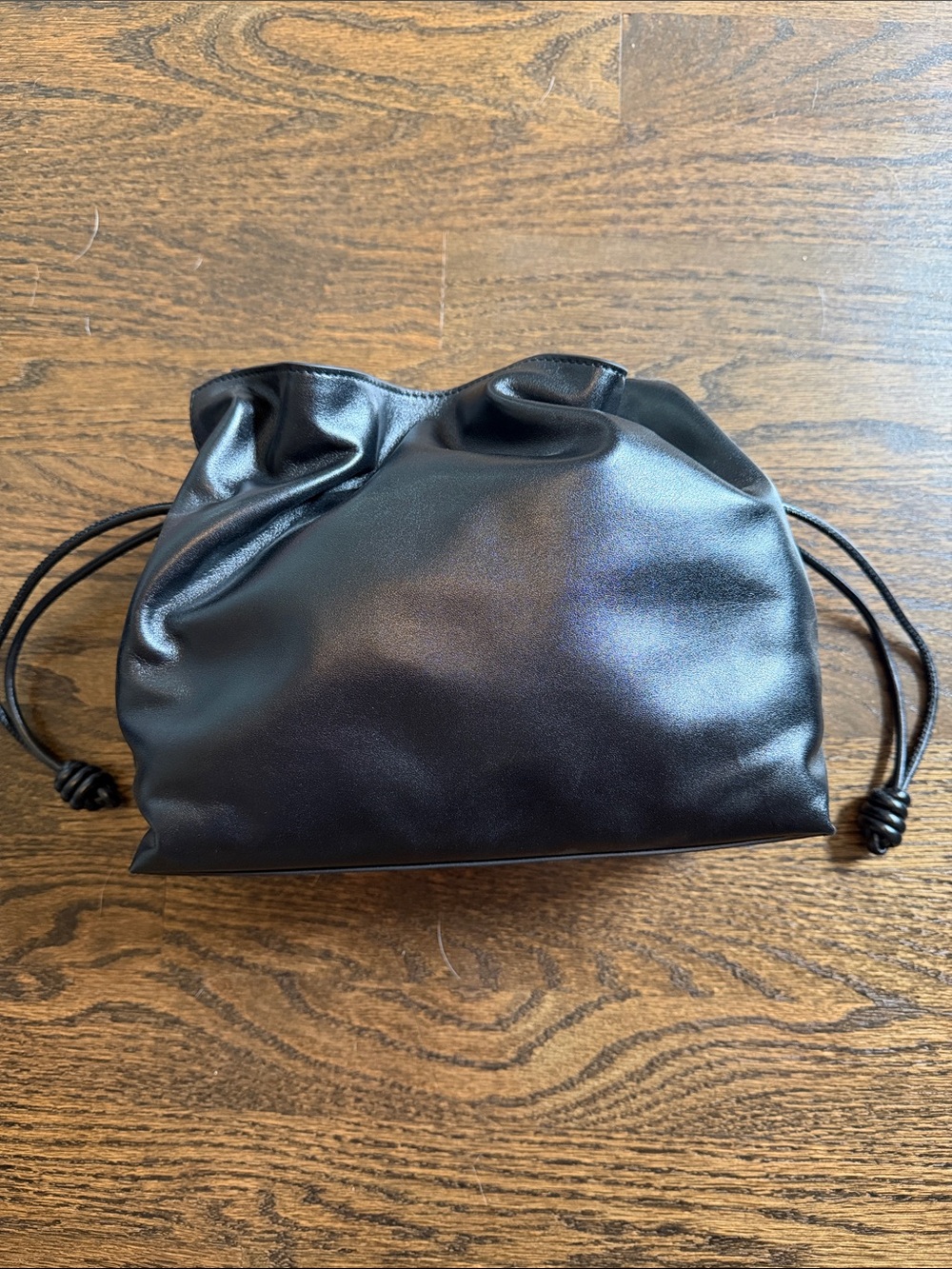 Black Drawstring Leather Pouch Clutch w/optional shoulder strap